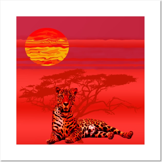 Africa Leopard Sunrise Desert Red Gift T-Shirt Wall Art by gdimido